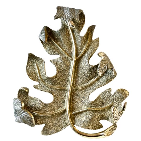SARAH COVENTRY Vintage Oak Leaf Brooch Gold & Silver Tone Textured Big… - Picture 5 of 11